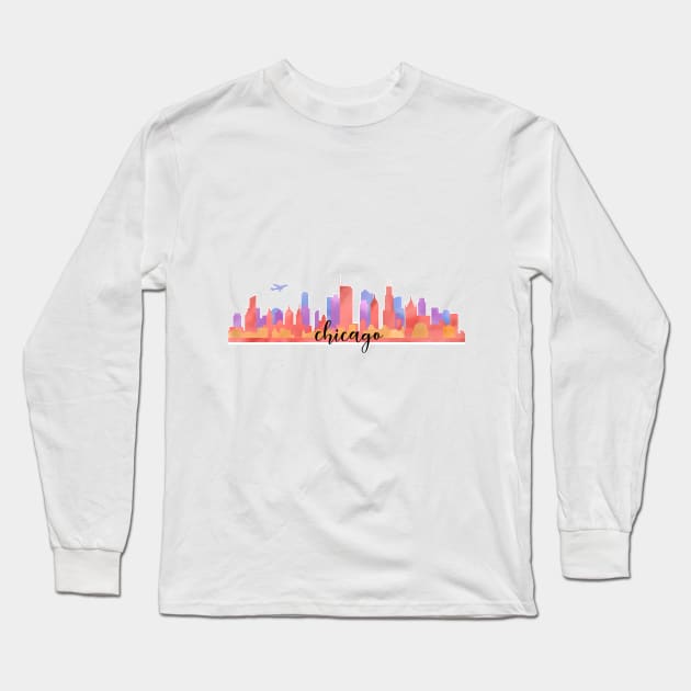 Color Chicago City Skyline Watercolour Multilayer With Aircraft/Flight/Aeroplane/Airplane/Plane Long Sleeve T-Shirt by stateofthe-art